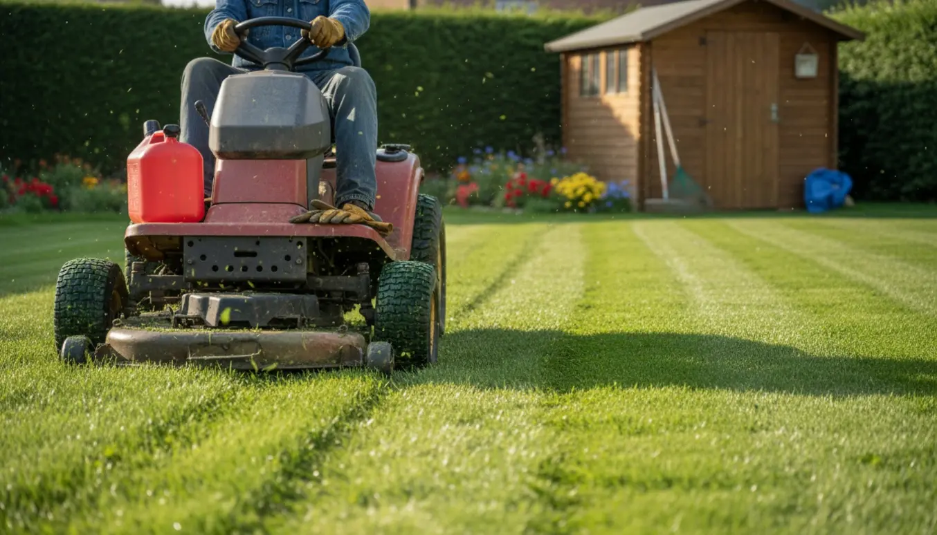 Havetraktor slår græs i en solrig have og efterlader tydelige striber af nyklippet græs.