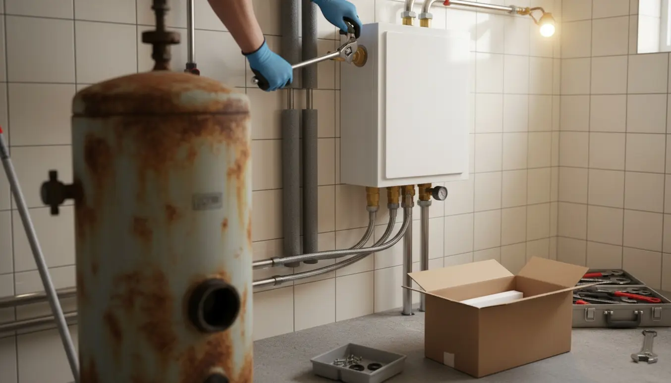 Ny fjernvarmeunit monteres i et bryggers med tilsluttede rør og værktøj.