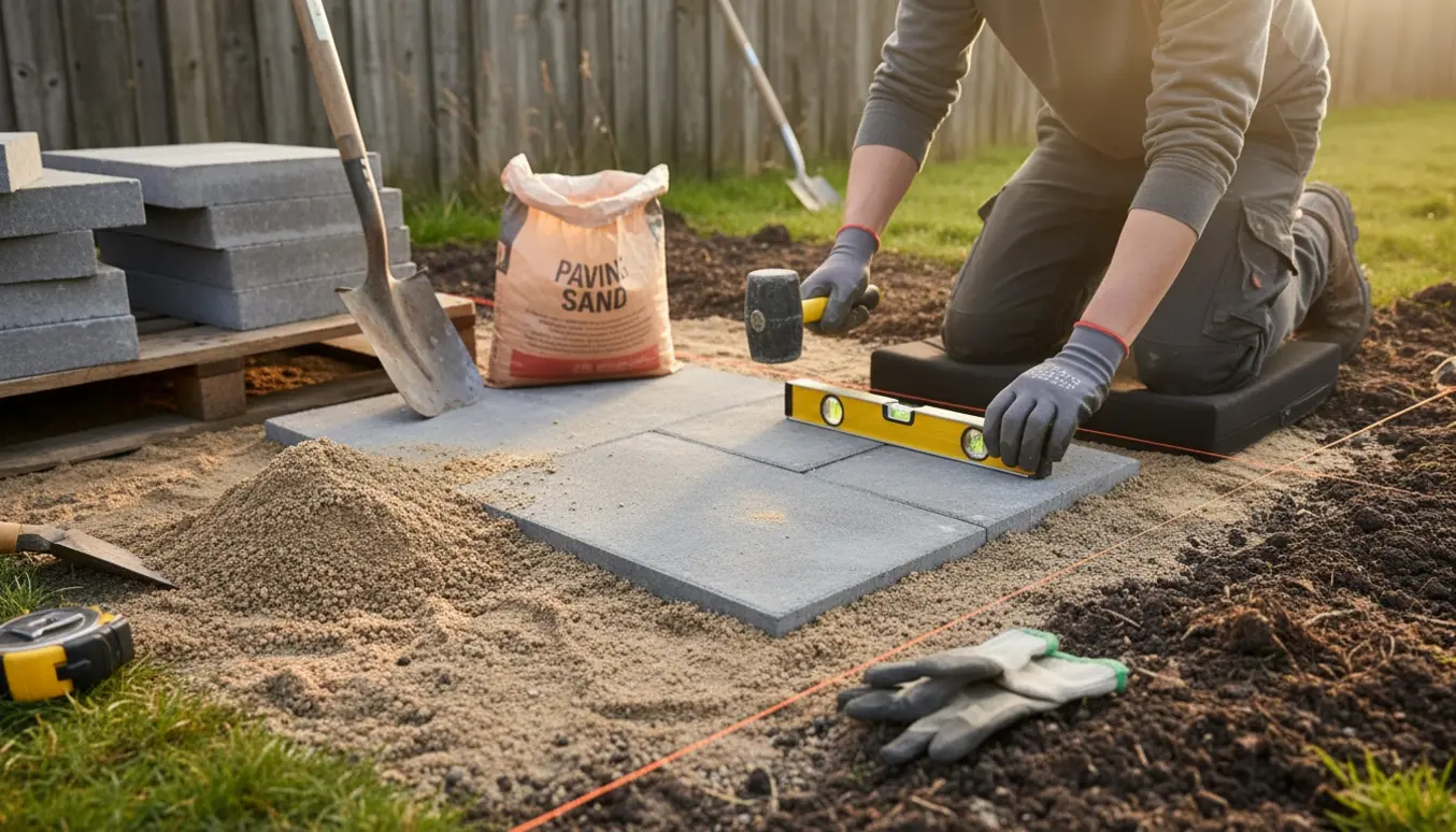 Nærbillede af hænder, der lægger kvadratiske fliser i en lille have med sand, snor og værktøj.