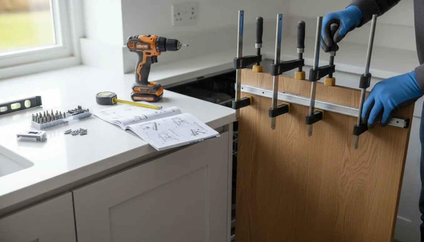 Snedkerlavet træfront monteres på en indbygget opvaskemaskine med adapter-skinne og skruetvinger i et lyst køkken.