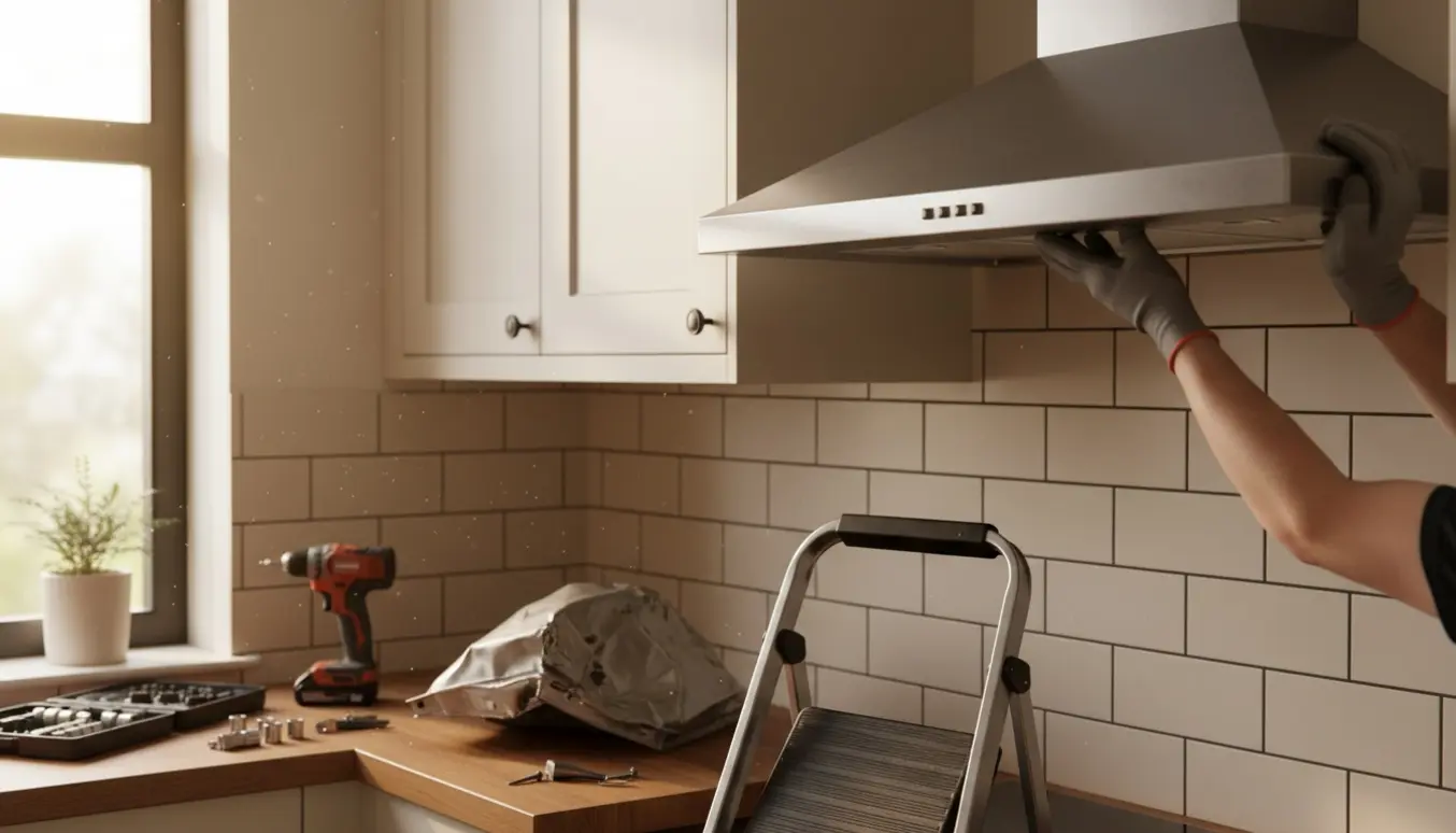 Ny rustfri emhætte løftes og monteres i et lyst køkken med værktøj og stige i baggrunden.