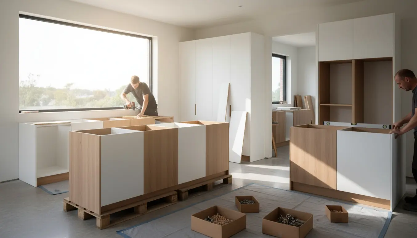 Delvist samlet køkken og bryggers med skabe på paller og værktøj klar til montering.