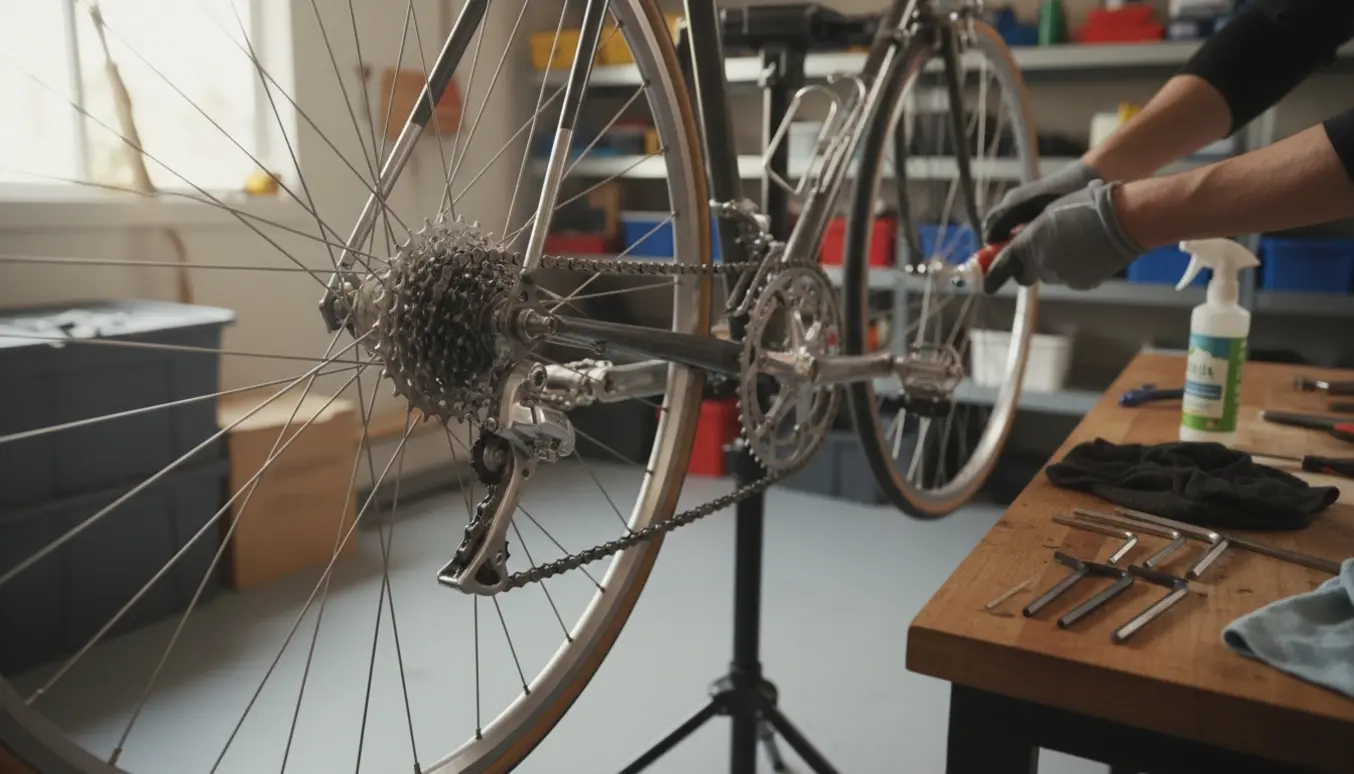 Nærbillede af en cykel på arbejdsstander, hvor hænder justerer bremser og smører kæden.