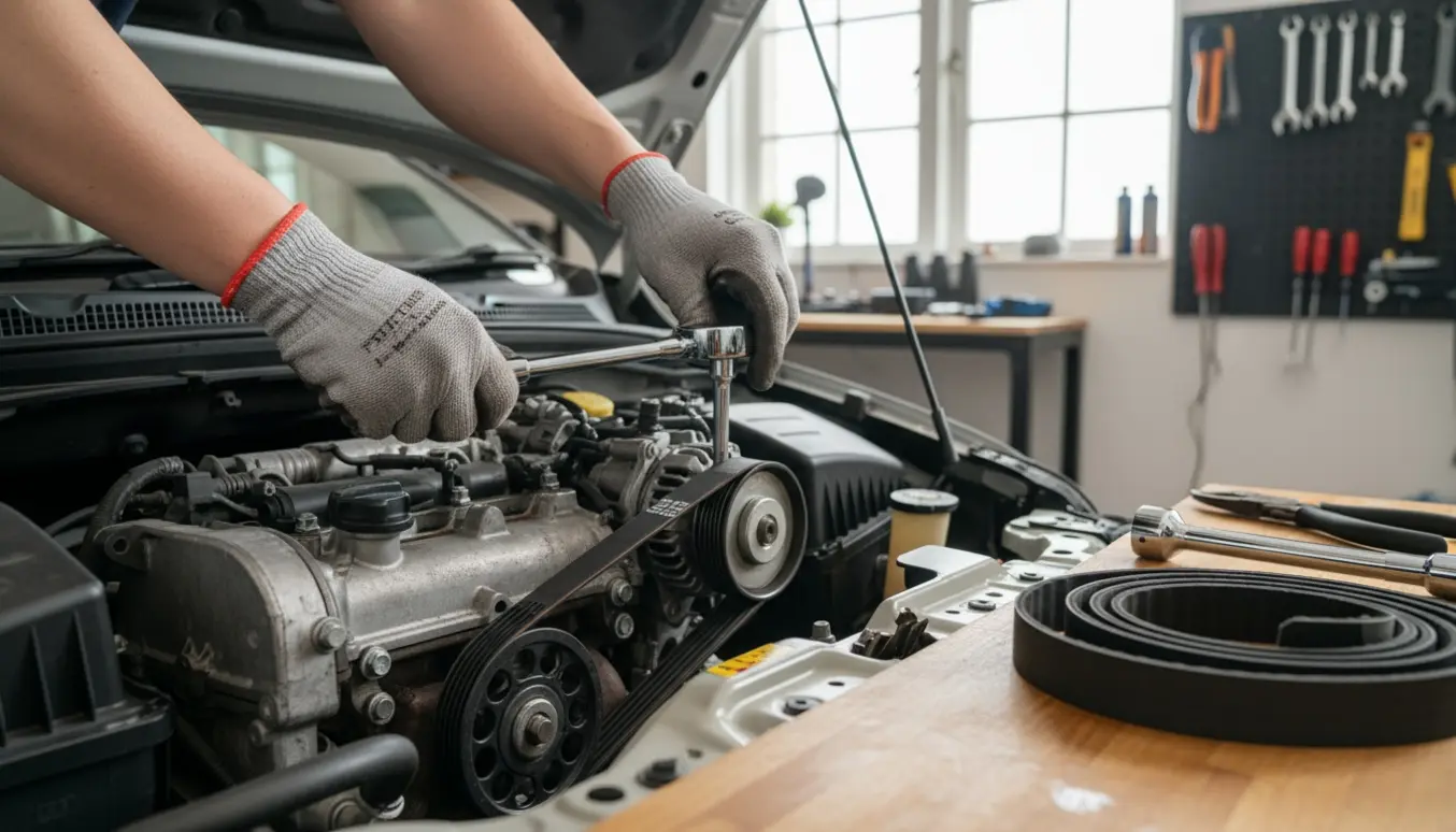Åben motorhjelm på en Chevrolet Spark mens handskerede hænder udskifter en slidt kilerem.