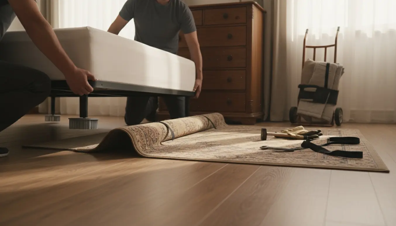 To personer fjerner et løst gulvtæppe i et soveværelse, mens seng og kommode er delvist løftet.