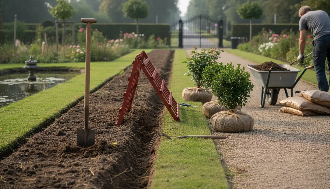 Langt, smalt bed ved en havedam under opgravning med rødt espalier lagt til side, bevarede buske og en trillebør med jord på havestien.