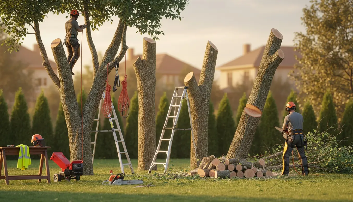 Arborist beskærer fire træer og fælder et træ i en have med savværktøj og træstammer.