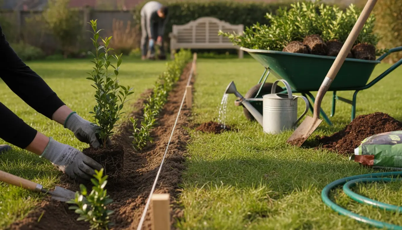 Hænder planter en ligusterhæk i en lige række med spade, trillebør og vandkande i blødt morgenlys.