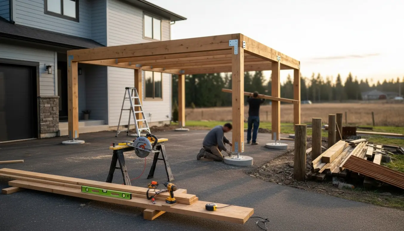 Ny træcarport under opbygning ved indkørslen med nedrevet carport og byggematerialer i baggrunden.