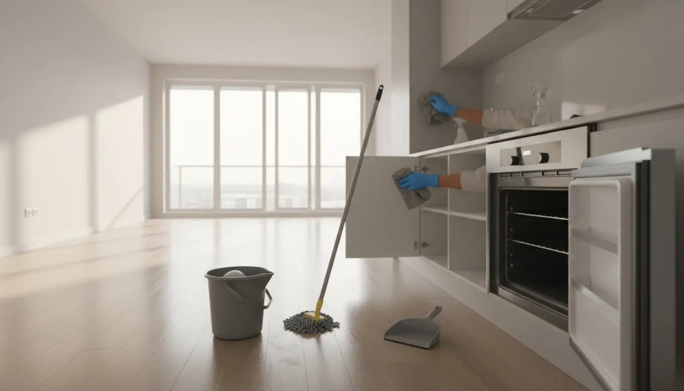 Tom, nyrengjort lejlighed med åben køleskab, åben ovn, rengøringsudstyr og skinnende gulv.