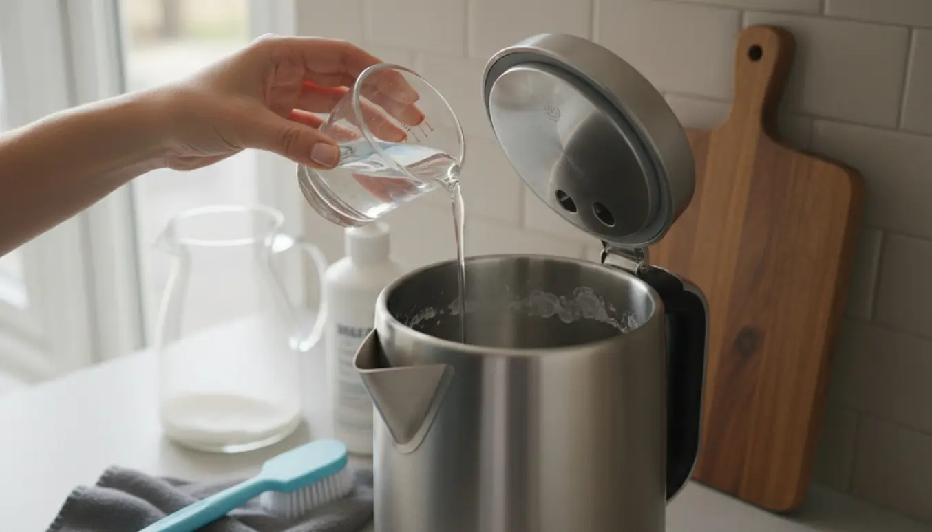 Nærbillede af hænder, der hælder eddike i en elkedel for at fjerne kalk i et lyst køkken.