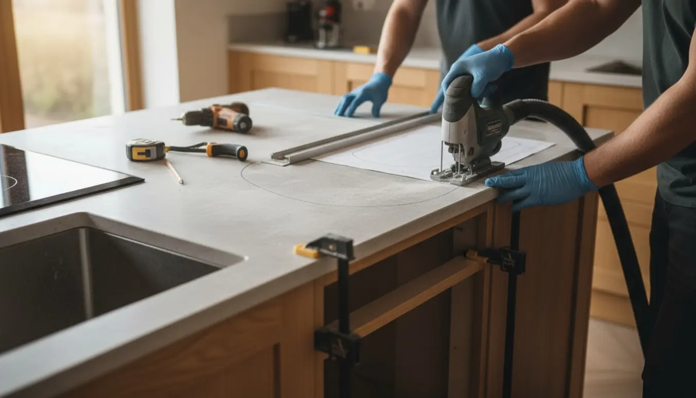 Installatører monterer en ny bordplade og skærer ud til vask, induktionsplade og ovn i et lyst køkken.