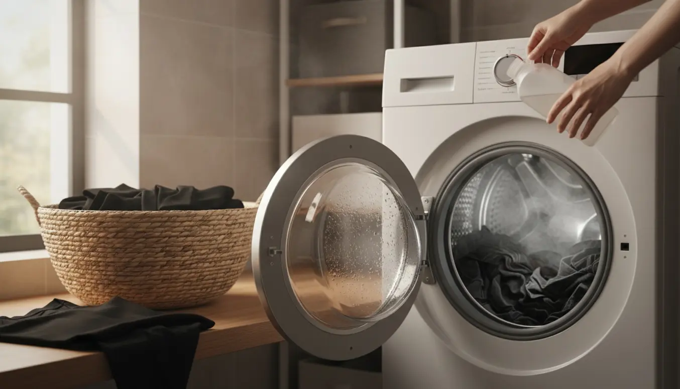 Hænder hælder flydende vaskemiddel i en vaskemaskine med sort vasketøj og damp fra en varm vask.
