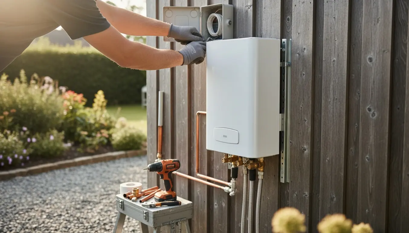 En lille elvandvarmer monteres på ydersiden af et kolonihavehus med rør og værktøj omkring.