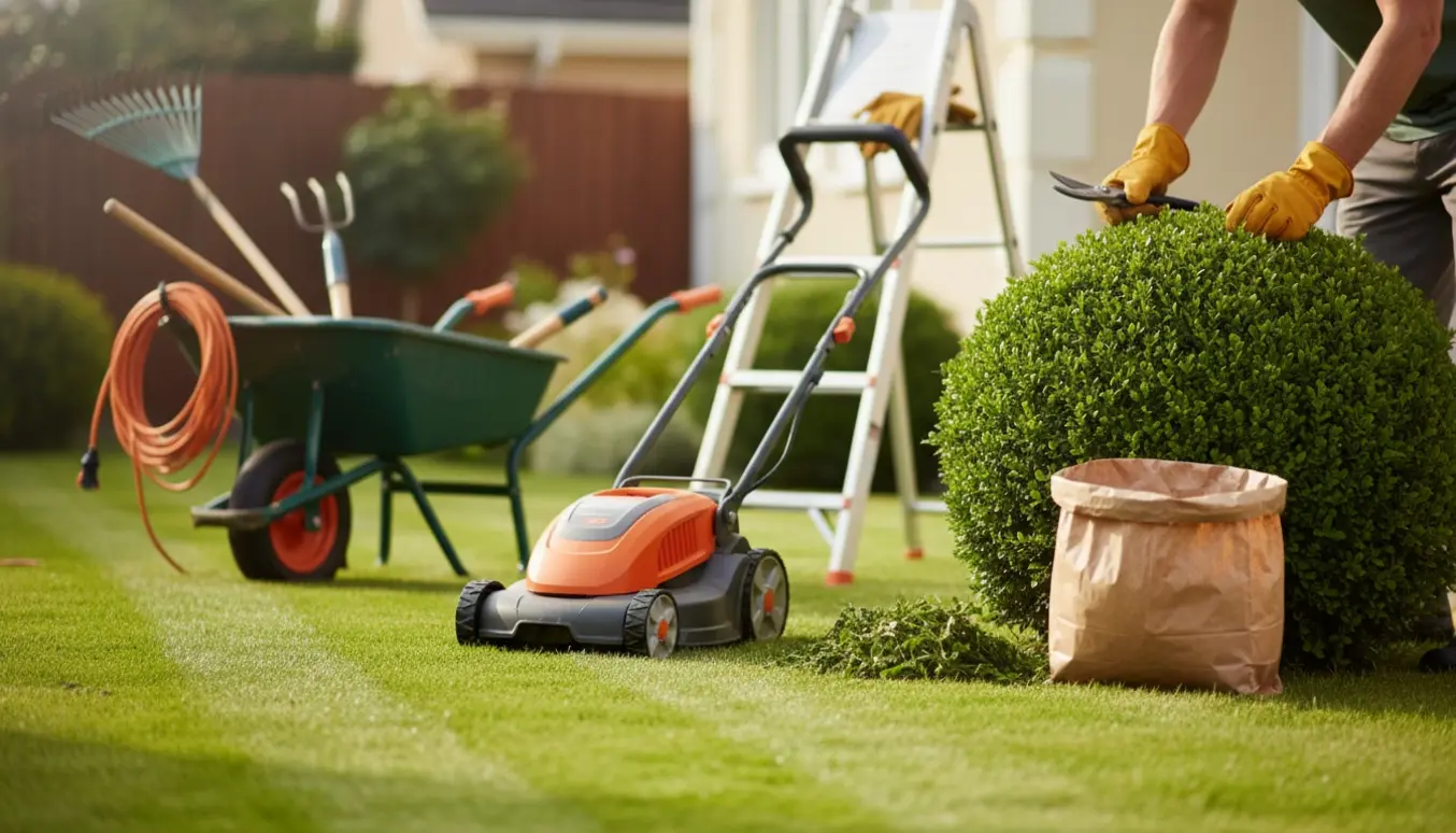En havemand klipper græs med en elektrisk hover-plæneklipper og haveredskaber liggende klar ved et velplejet hus.