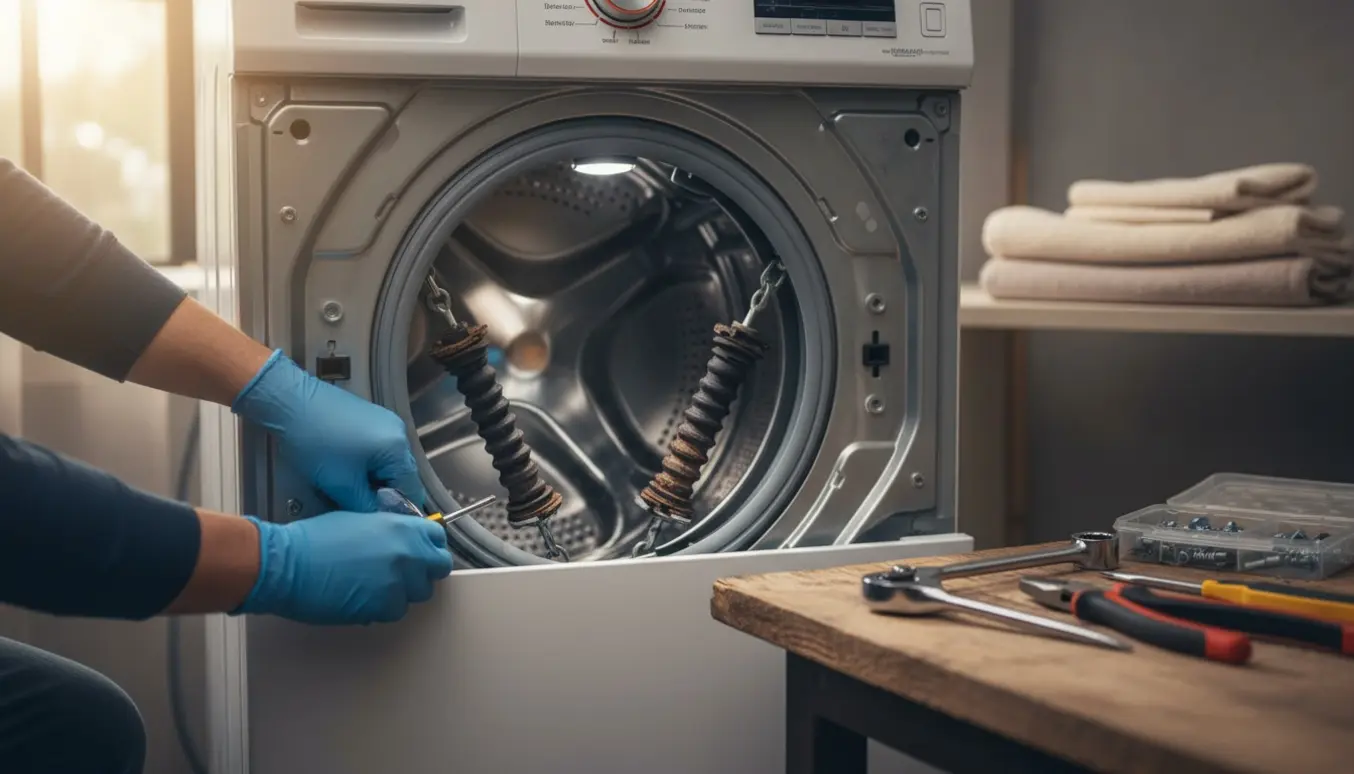 Hænder udskifter støddæmpere på en frontbetjent vaskemaskine med værktøj og nye dele ved siden af.