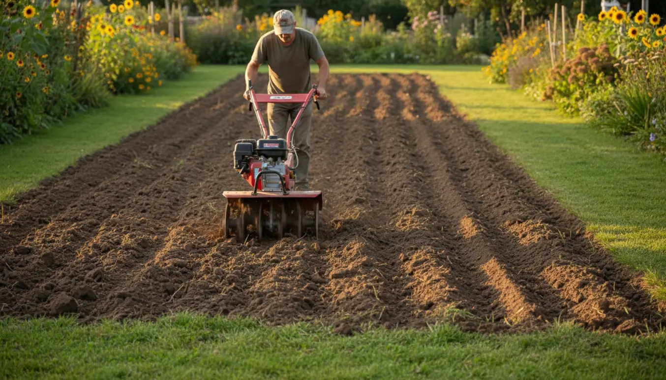 En fræser vender cirka trekvart af en haveplæne til frisk jord i varmt sensommerlys.