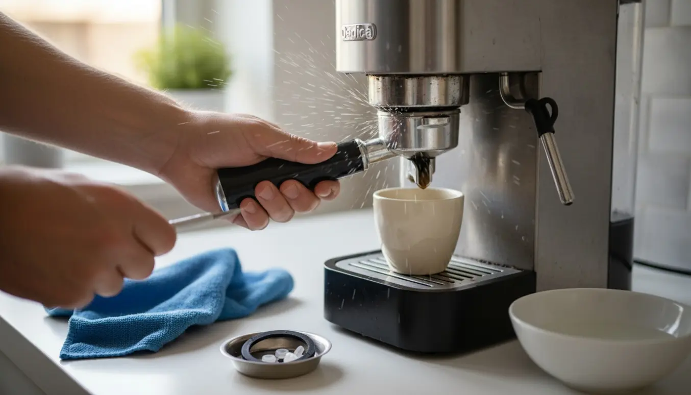 Nærbillede af en utæt kompakt espressomaskine, med portafilter og vand der sprøjter ud fra siden mens værktøj ligger på køkkenbordet.