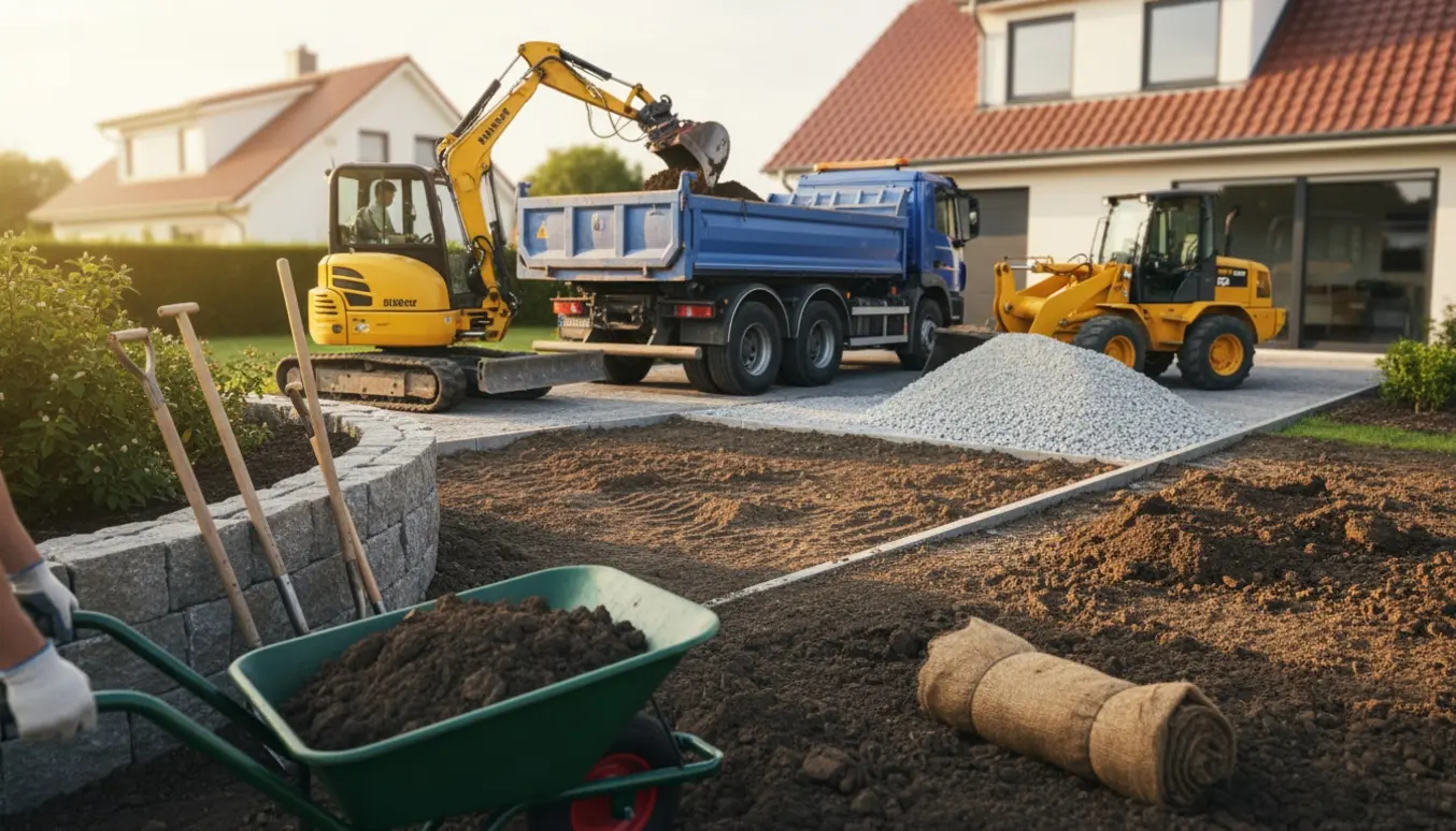 Gravemaskine læsser jord i en tippetrailer ved en indkørsel under etablering med en bunke stabilgrus i baggrunden.