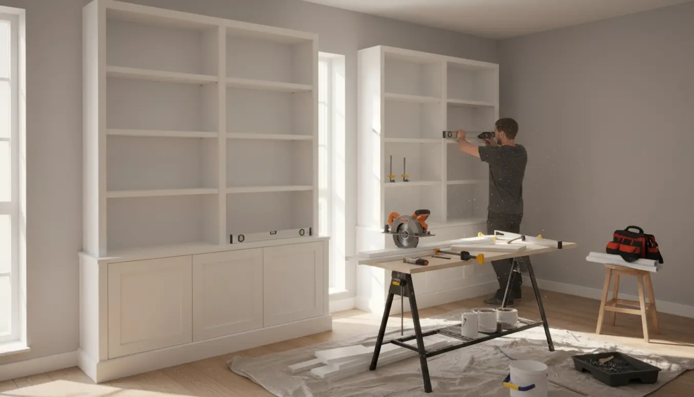 Snedker værktøj og hænder monterer to hvide indbyggede bogreoler fra gulv til loft i en lys stue.