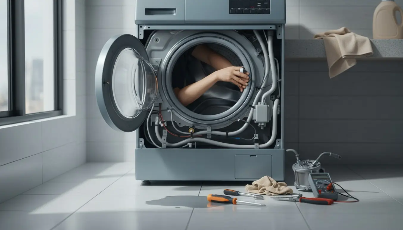 Åbnet vaskemaskine med teknikers hænder, værktøj og reservedele i et lyst vaskerum.