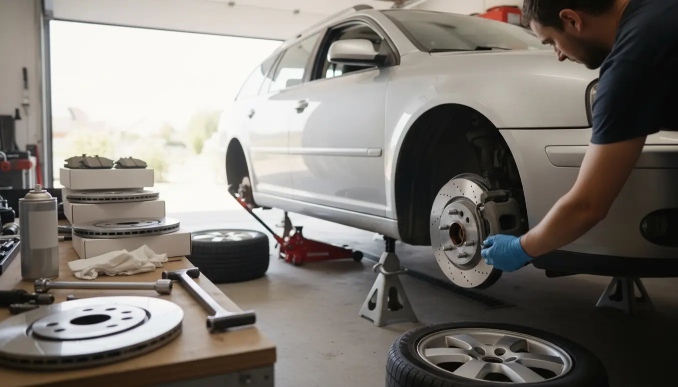 Stationcar i garage hævet på donkrafte, hvor hænder skifter skiver og klodser med nye dele og værktøj.
