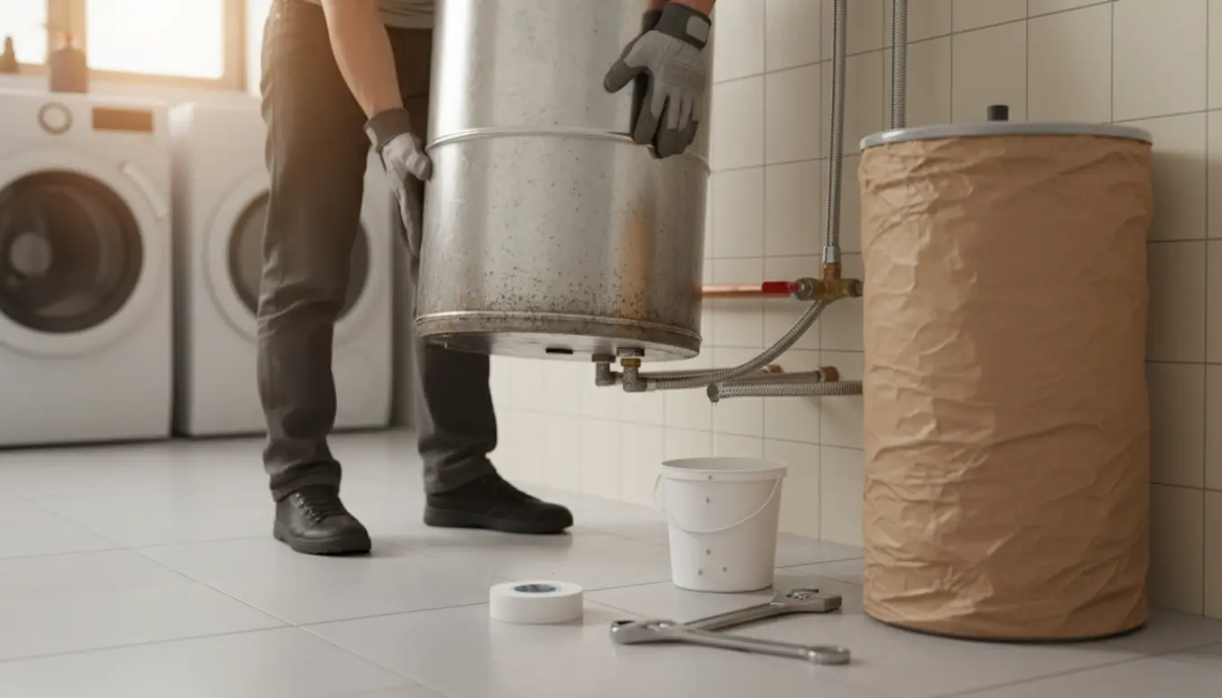 Hænder udskifter en gammel varmeveksler i et ryddeligt teknikrum med værktøj og en ny enhed klar.