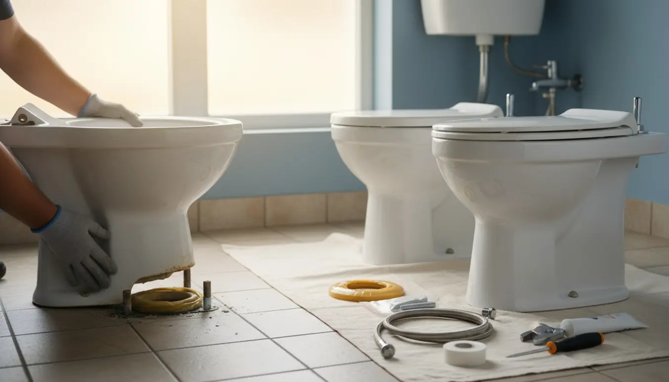 Handskerede hænder løfter et gammelt toilet, mens nyt toiletsæt og værktøj ligger klar på et beskyttelsesunderlag.