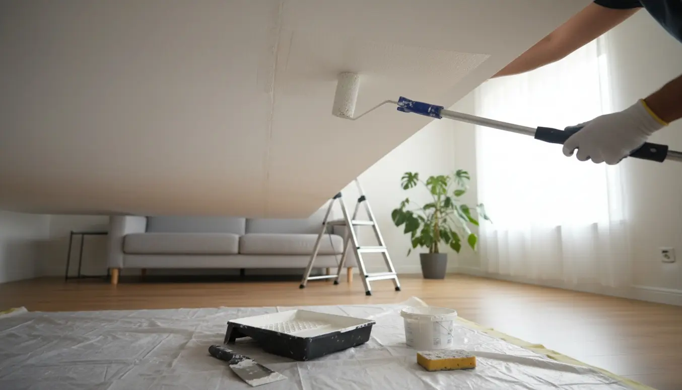 Loft i stue efterspartlet og males hvidt, med rulle, spartel og værktøj på beskyttelsesdug.