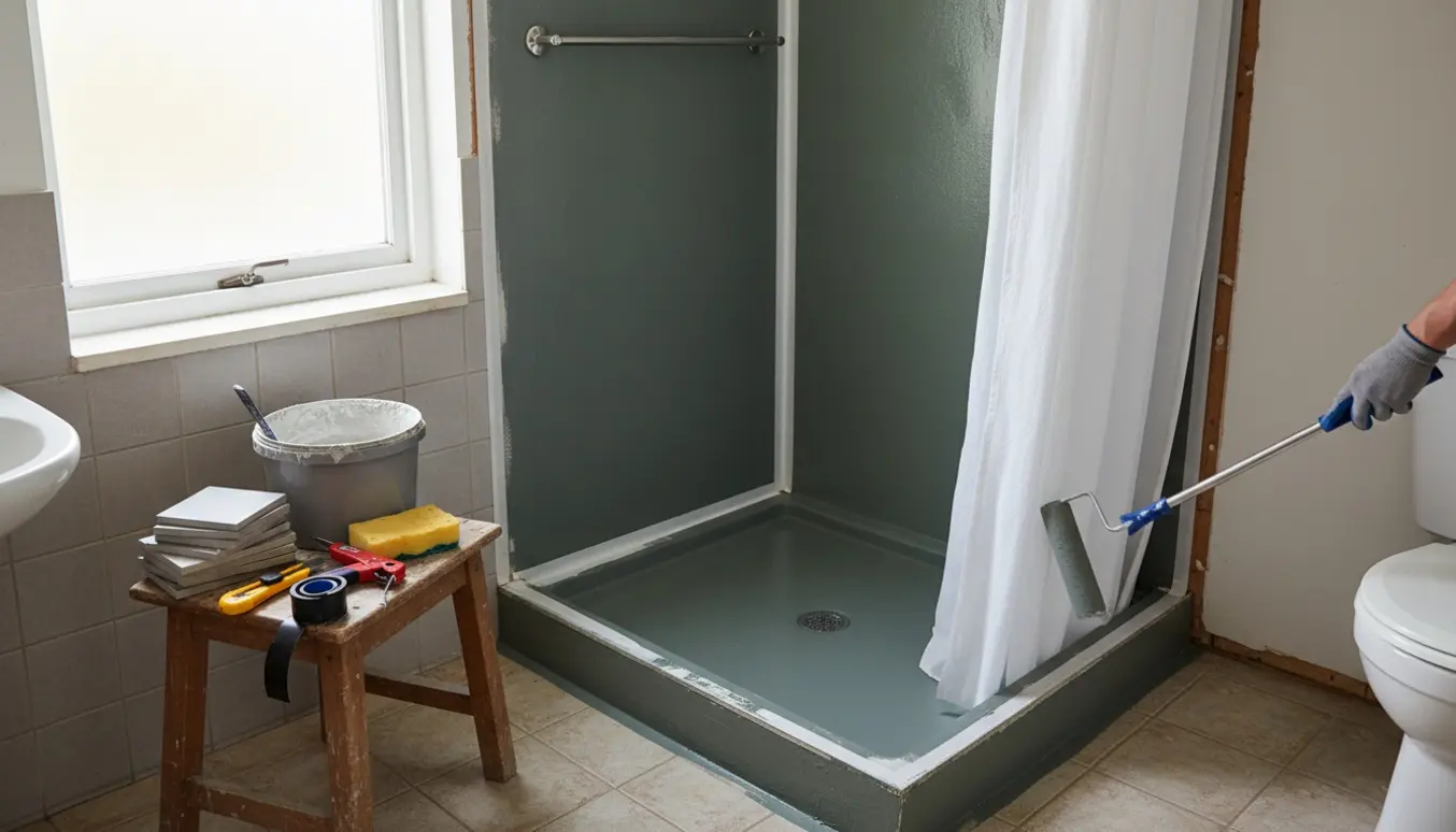 Badeværelse under renovering med vådrumssikring på gulv og vægge og et nyt bruseforhæng klar til montering.