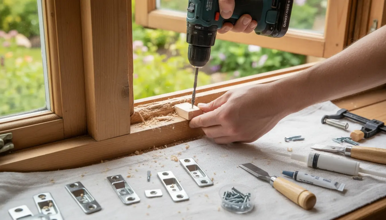 Nærbillede af hænder, der monterer nye hængsler i en trævinduesramme med værktøj på en lys arbejdsflade.