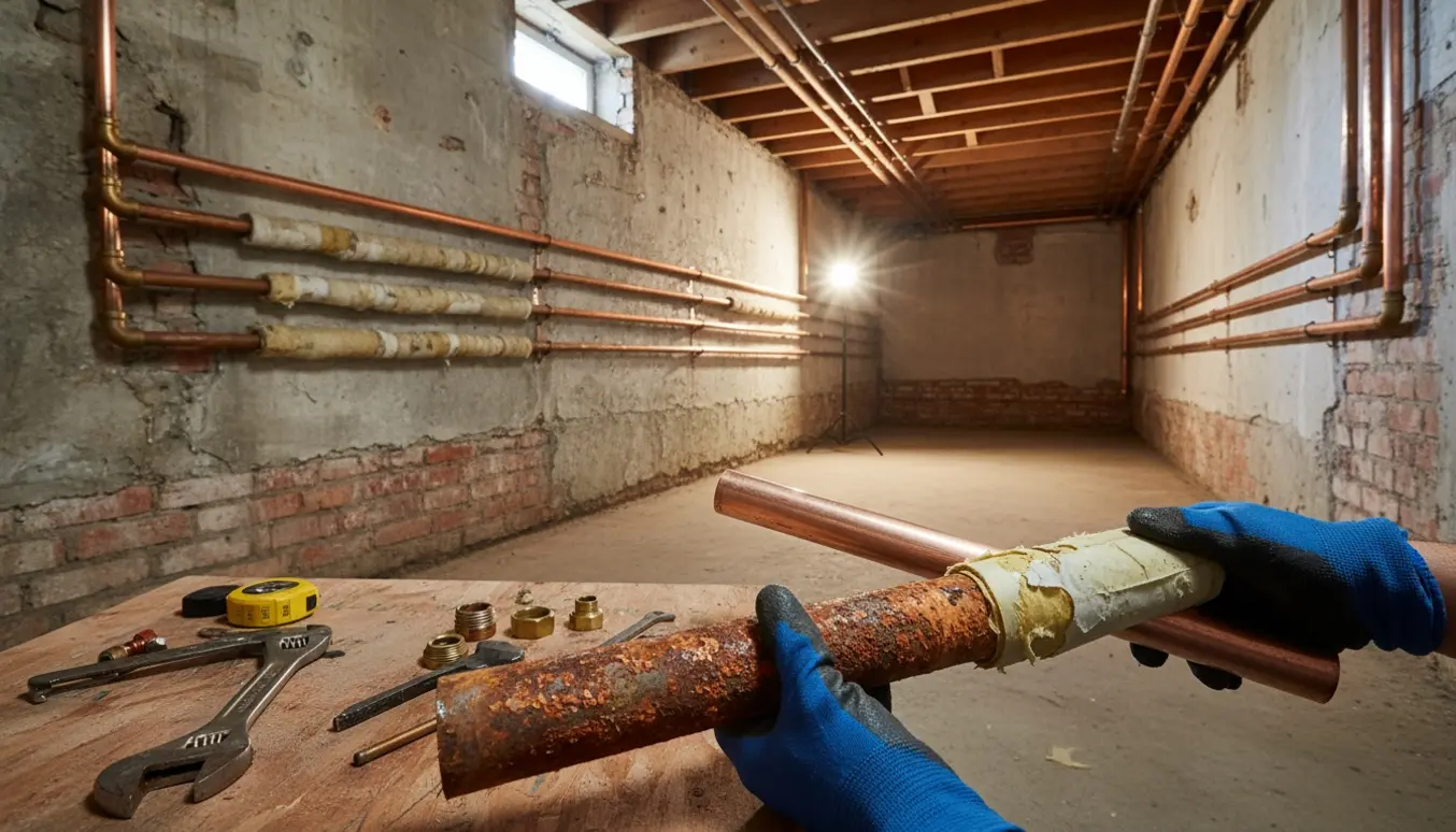 Håndværker vurderer og udskifter tærede vandrør i en høj kælder med rustne rør og ny kobberledning.