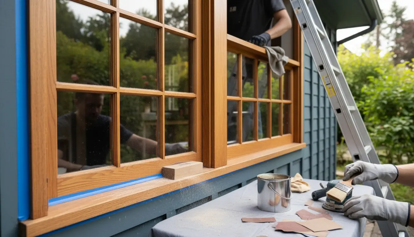 Udvendig slibning og oliering af hårdttræsvindue med hænder, pensel og sandpapir.