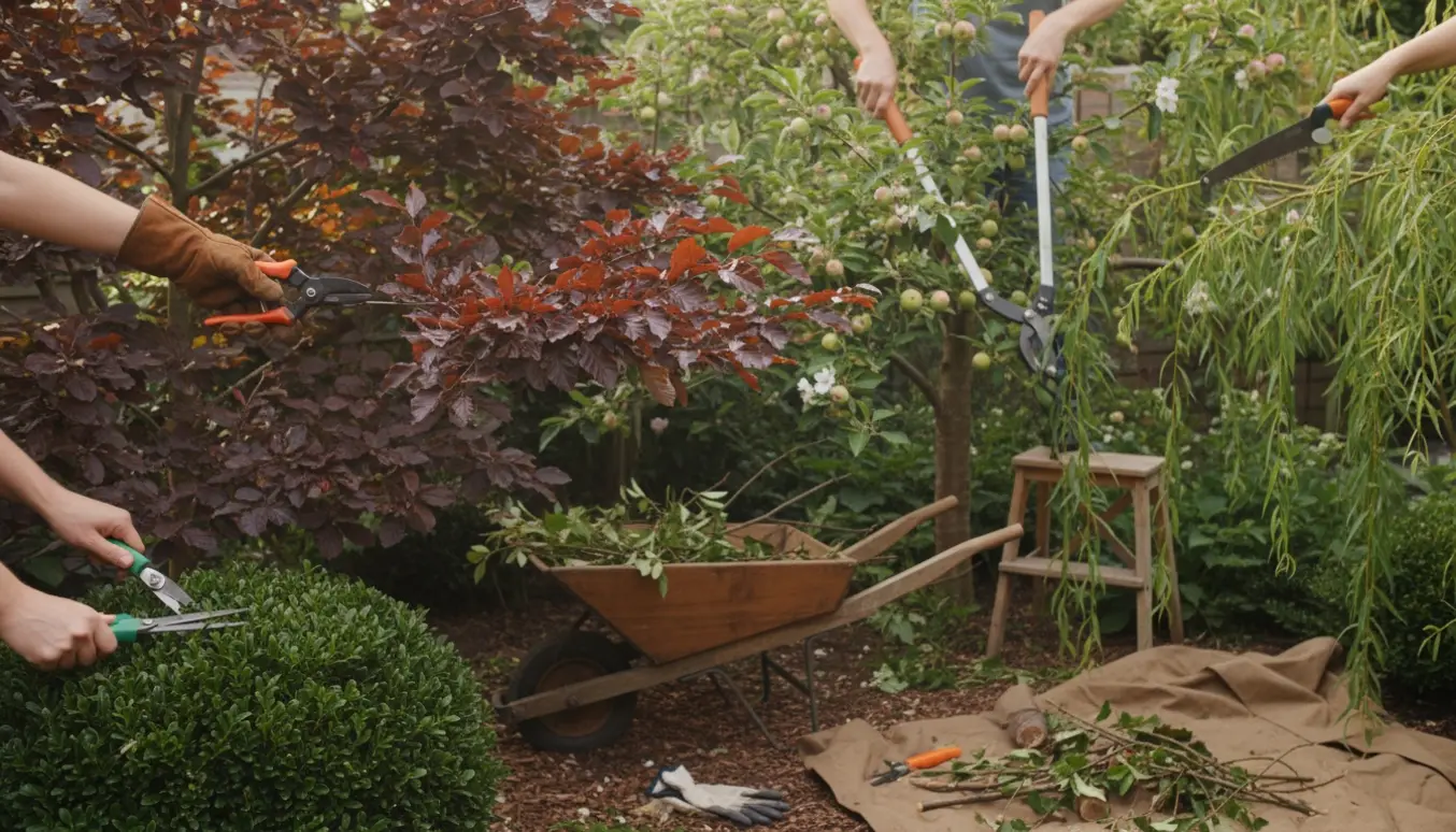 Hænder beskærer rødbøg, æbletræ, pil og buksbom i en soloplyst have med værktøj og en bunke beskårne grene.