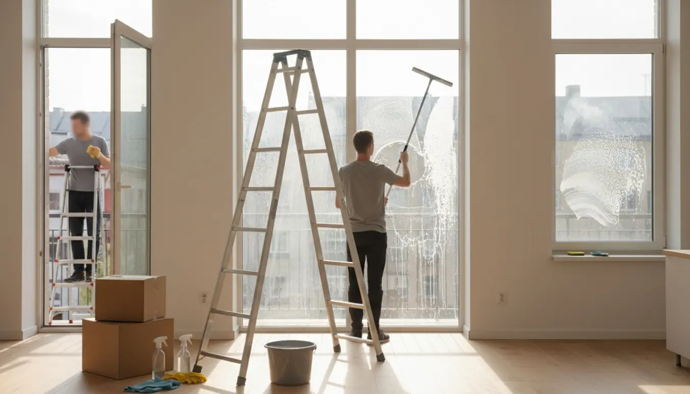 Tom lejlighed med høj til loftet, stige og rengøringsspand mens vinduer pudses ved fraflytning.