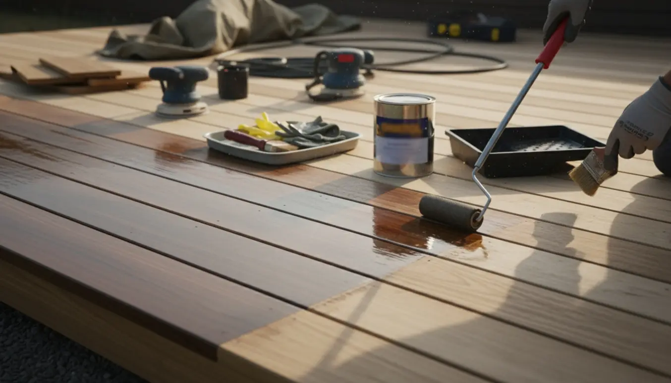 Hænder påfører træolie på en hårdttræsterrasse med synlig forskel mellem olierede og slebne planker.
