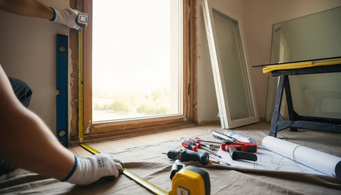 Håndværker måler et gulv-til-loft vinduesåbning med målebånd og laser for at forberede isætning af et nyt vindue.