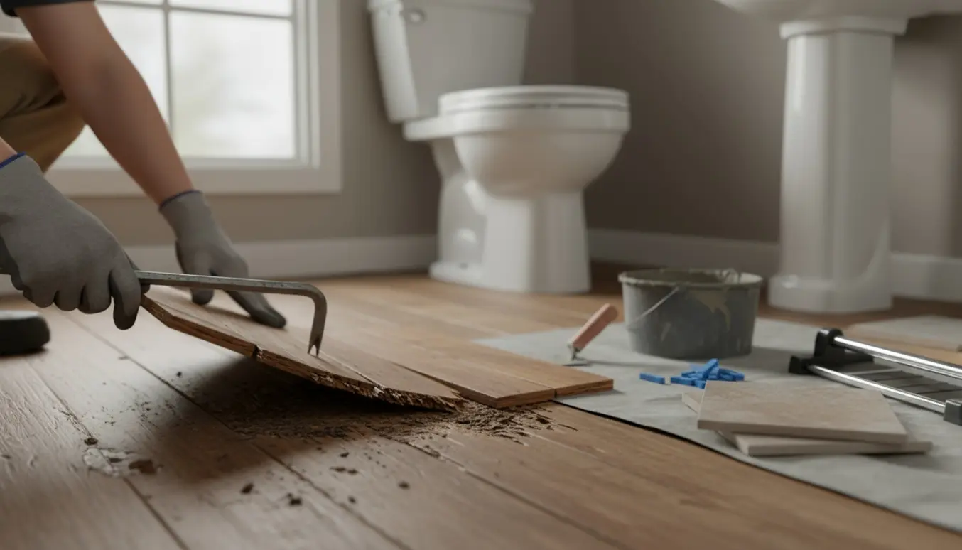 Små badeværelse med rådnet trægulv, handsker og værktøj ved fliseprøver klar til udskiftning.