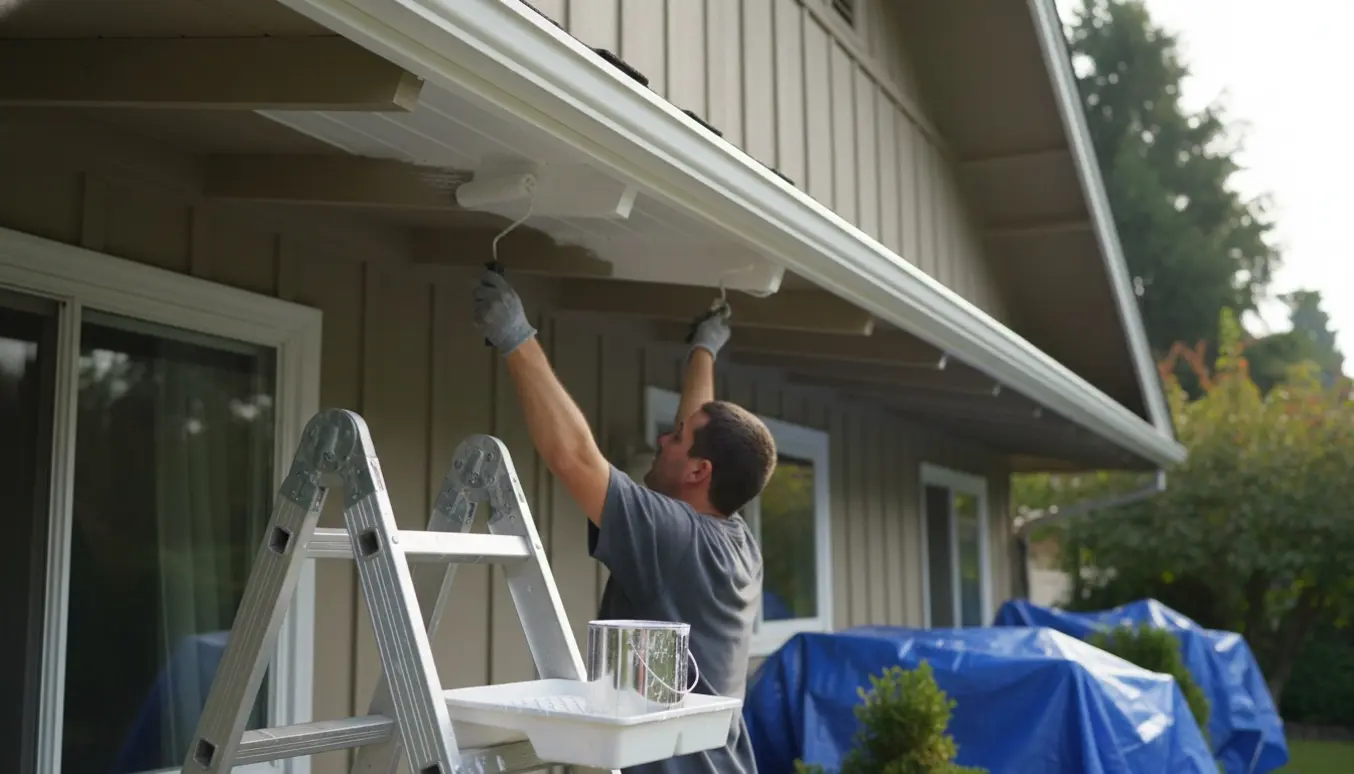Udhæng på en høj bungalow males fra en stige med pensel, malerbøtte og afdækning i blødt dagslys.