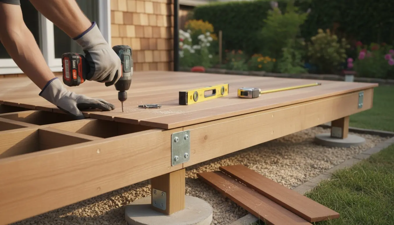 Fritstående træterrasse ved huset under opbygning med håndværkeres hænder og synlig niveauforskel.