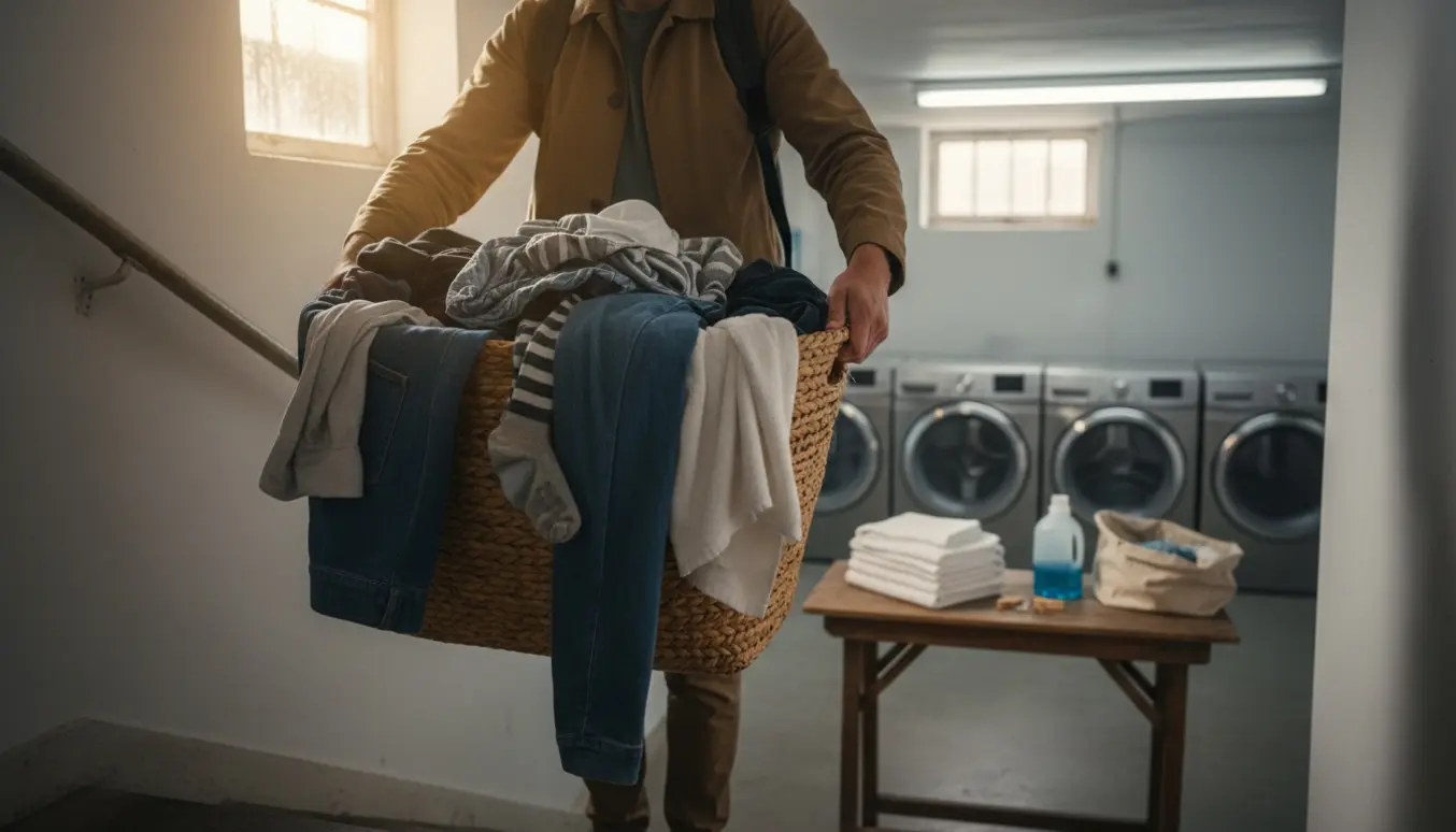 En person bærer en fyldt vasketøjskurv ned ad trappen mod en fælles vaskekælder med maskiner og foldetøj.