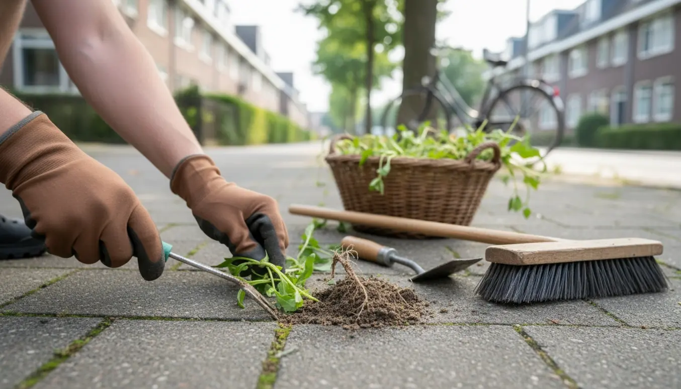 Nærbillede af hænder i handsker, der fjerner ukrudt mellem fortovsfliser med kost og spand ved siden af.