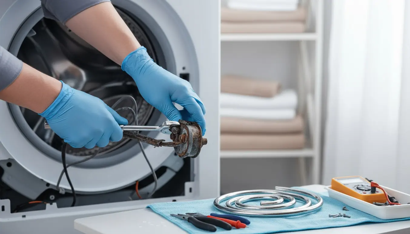 Udskiftning af varmelegeme i en åben vaskemaskine med reservedele og værktøj lagt klar.