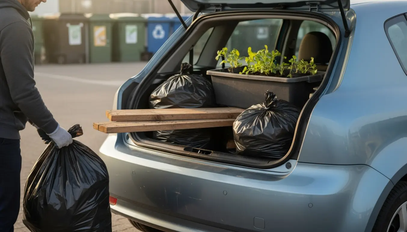 Person læsser tre affaldssække, to træstykker og en balje med planter i bagagerummet ved en genbrugsplads.