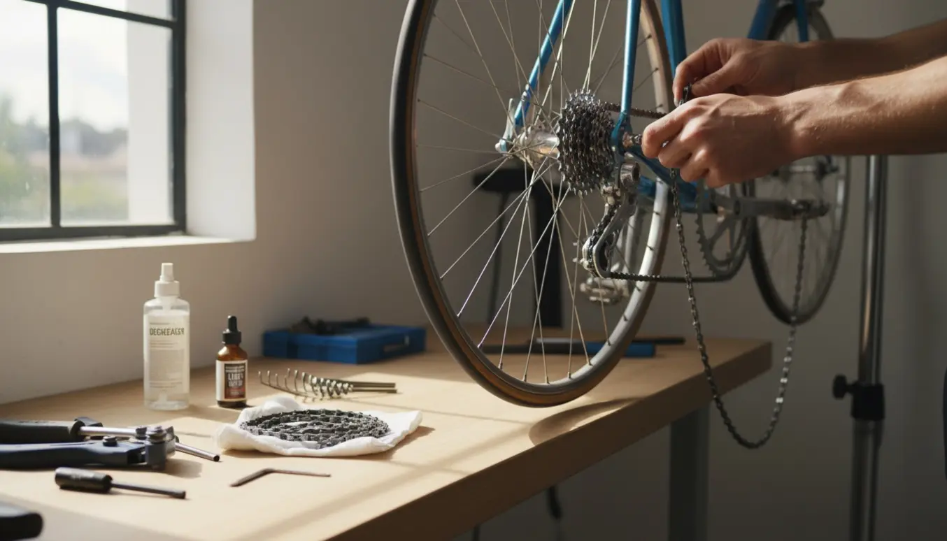 Mekanikerens hænder monterer en ny kæde og justerer hjul, bremser og gear på en gammel racercykel i et lyst værksted.