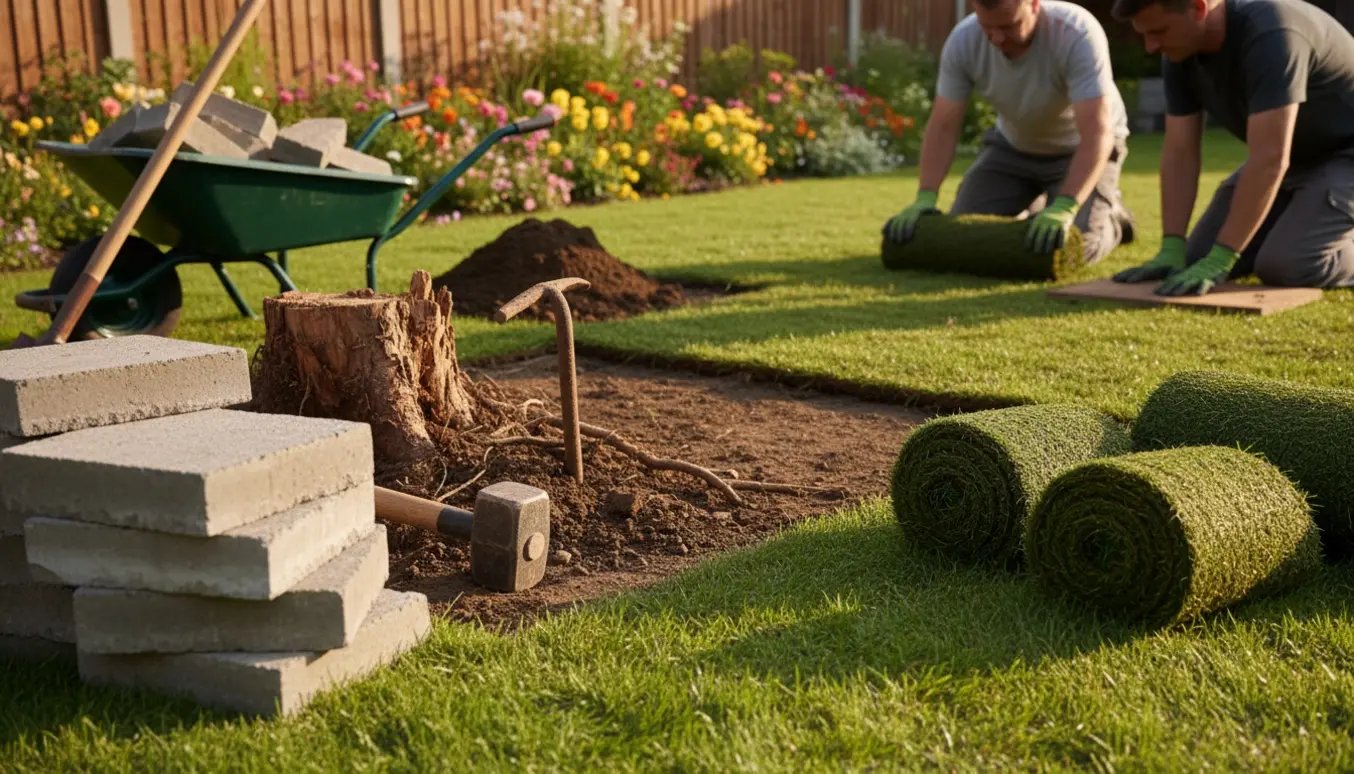 Hænder ruller nyt græs ud i en solbelyst have, mens betonfliser og en træstub er fjernet.