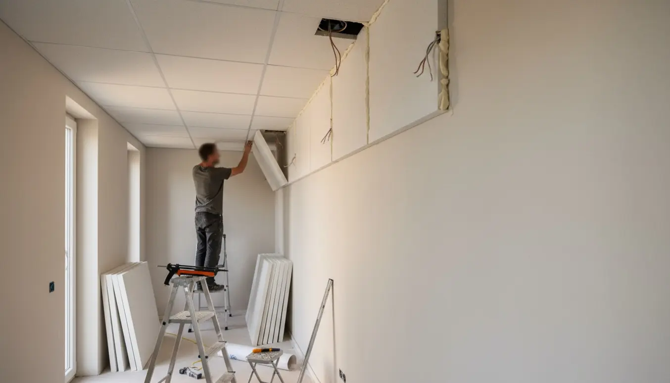 Langt, smalt rum hvor en håndværker limer hvide akustikplader op i et gipsloft med to synlige lampeudtag.