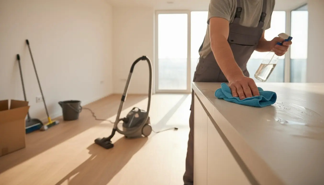 En person foretager almindelig flytterengøring i en lys, tom lejlighed med moppe, støvsuger og klud.