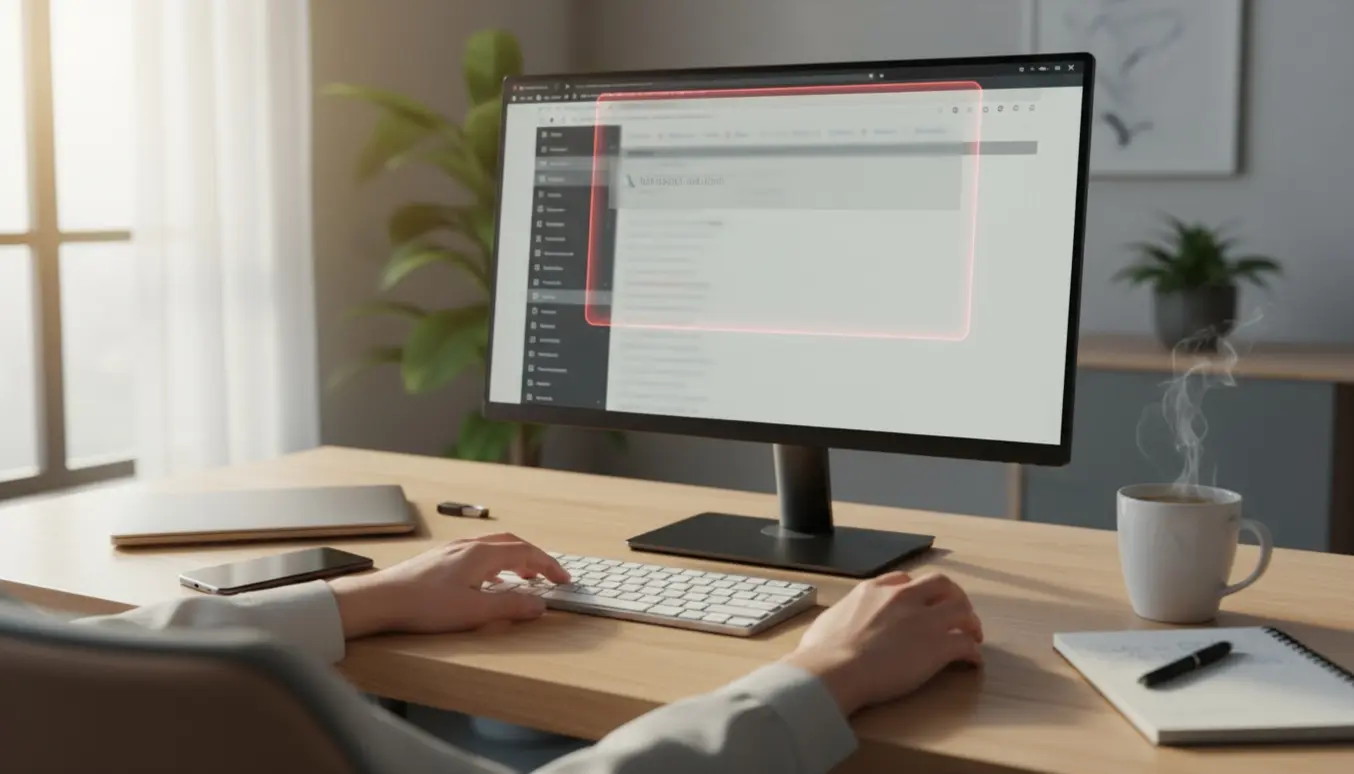 Hænder ved tastatur foran en skærm med en generisk webmail og en fejladvarsel, der illustrerer løsning af en Gmail-fejl.
