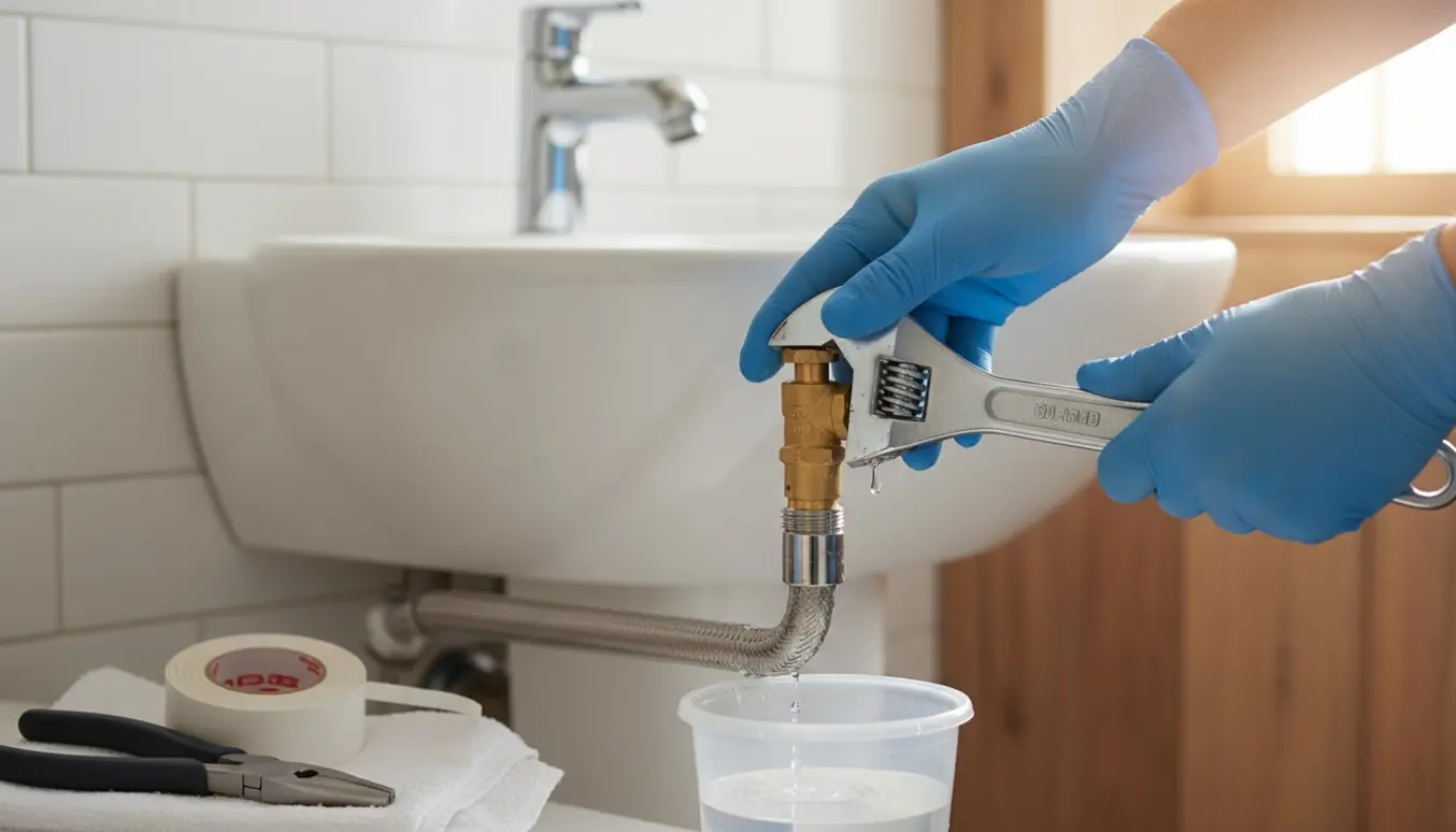 Hænder monterer en ballofix-ventil på vandrøret under et badeværelsesvask.